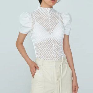 WNDERKAMMER Women's Curved Arm Coloration Bodysuit White Bubble Stitch sz L NWT